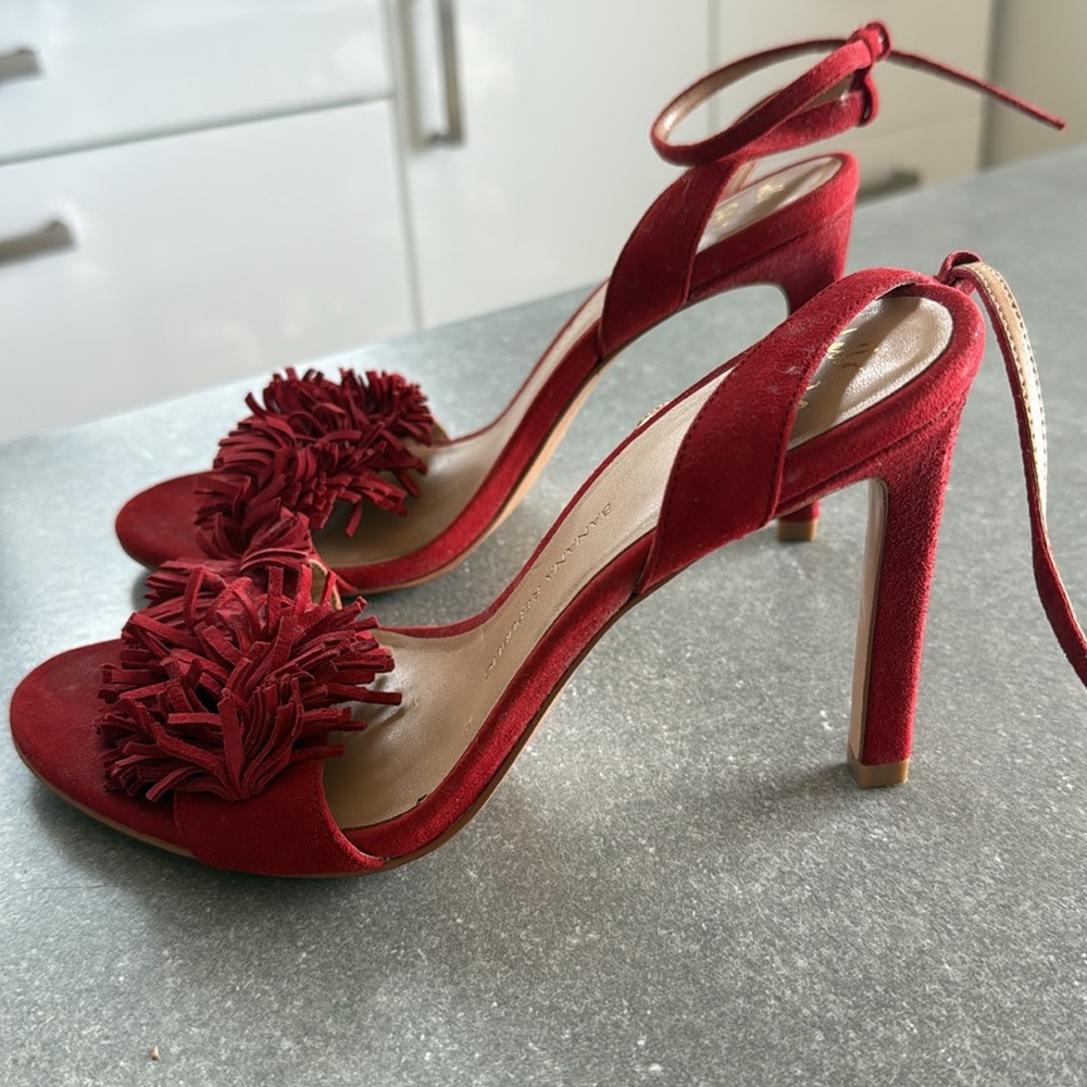 Banana Republic Red Suede Fringe Sandals. Ankle strap. Worn 1 time. Size 7.5